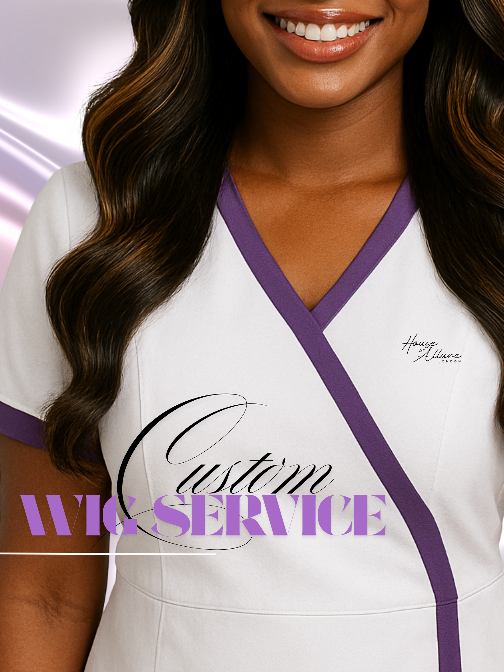 Person wearing a white and purple outfit with 'Custom Wig Service' text